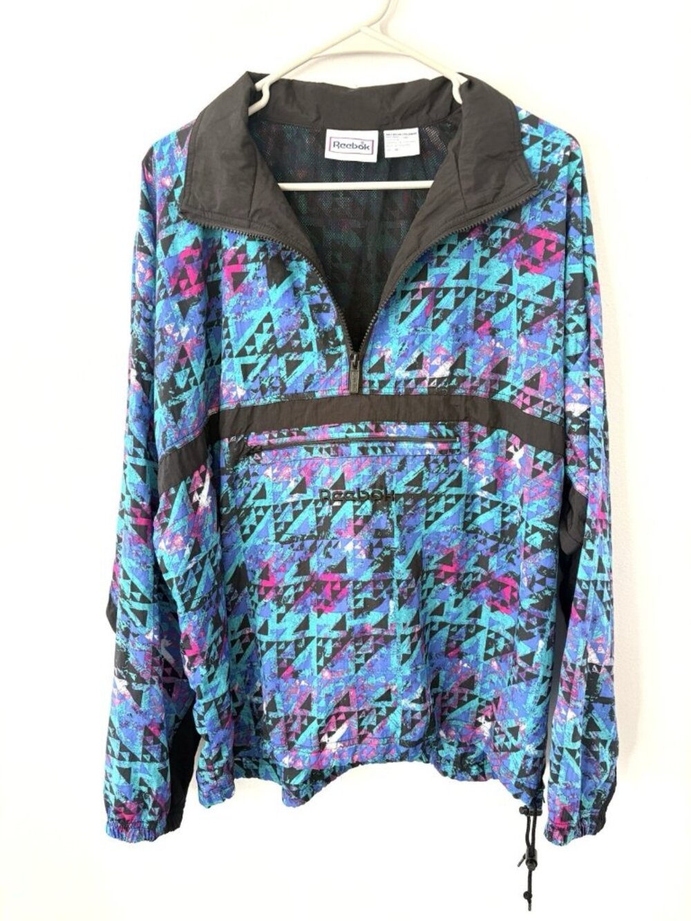 Vtg Reebok Men’s Medium Windbreaker Jacket 1/4 Zip Packable Hood Geometric 90s